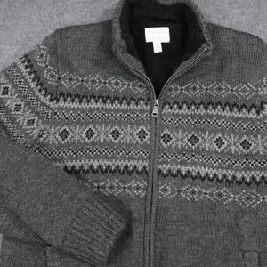 Field & Stream Mens Gray Fair Isle Sherpa Lined Full Zip Knit Sweater Large